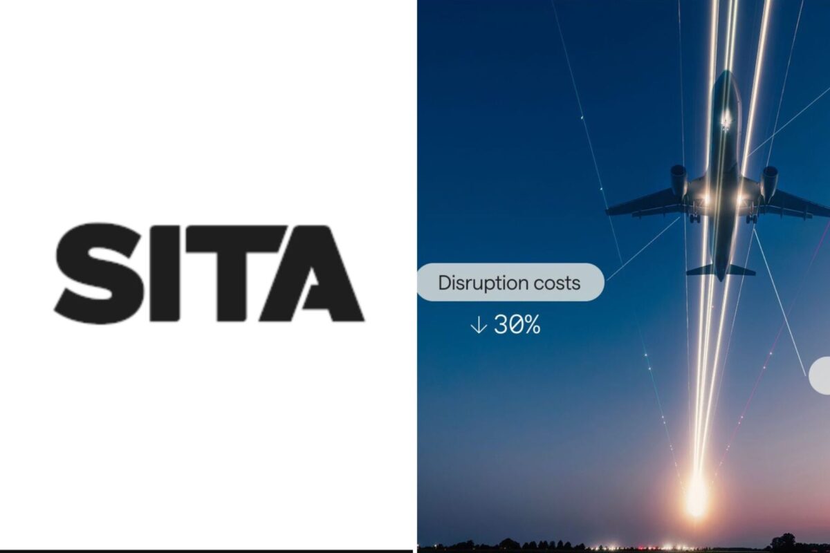 Split image left side with bold SITA logo on white right side shows an airplane taking off at dusk with a label reading Disruption costs and 30