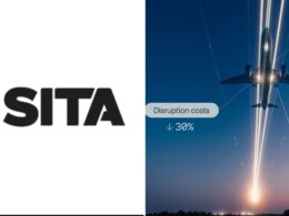 Split image left side with bold SITA logo on white right side shows an airplane taking off at dusk with a label reading Disruption costs and 30