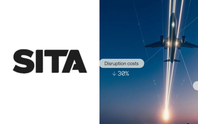 Split image left side with bold SITA logo on white right side shows an airplane taking off at dusk with a label reading Disruption costs and 30