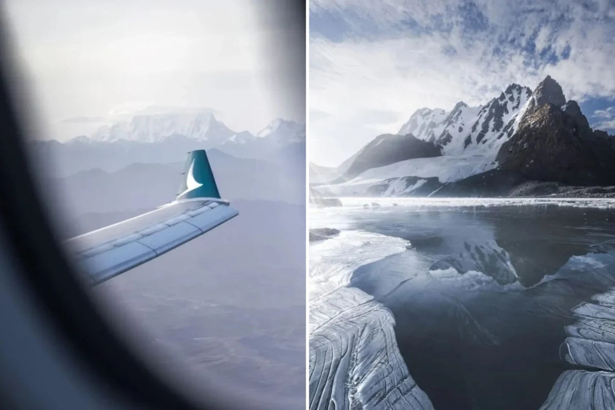 Two panel view left shows an airplane wing with snow capped mountains in the distance right shows jagged mountains and a frozen landscape