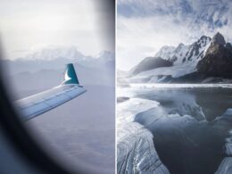 Two panel view left shows an airplane wing with snow capped mountains in the distance right shows jagged mountains and a frozen landscape