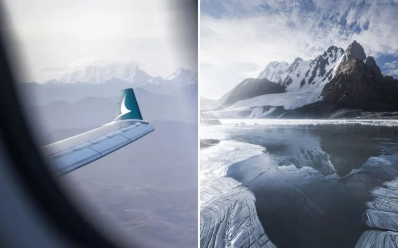 Two panel view left shows an airplane wing with snow capped mountains in the distance right shows jagged mountains and a frozen landscape
