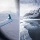 Two panel view left shows an airplane wing with snow capped mountains in the distance right shows jagged mountains and a frozen landscape