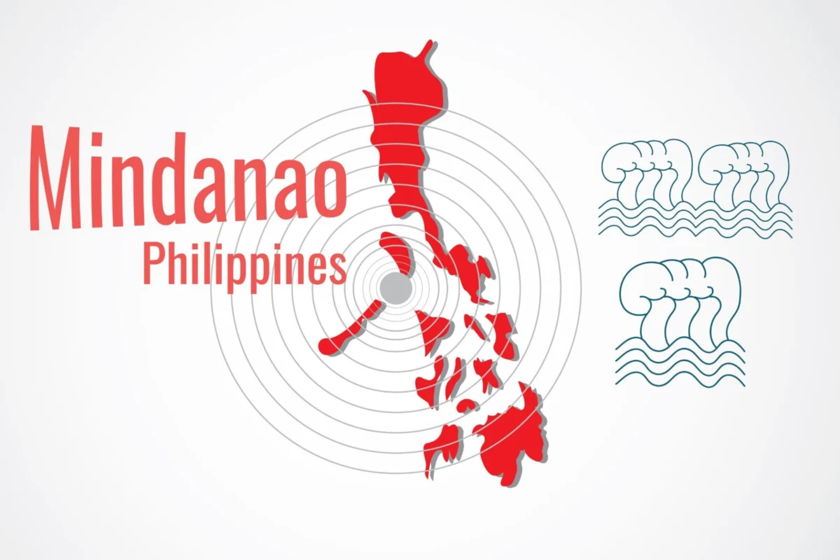 Red map of Mindanao Philippines with concentric radar rings Mindanao Philippines text on the left and blue wave icons on the right