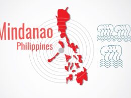 Red map of Mindanao Philippines with concentric radar rings Mindanao Philippines text on the left and blue wave icons on the right