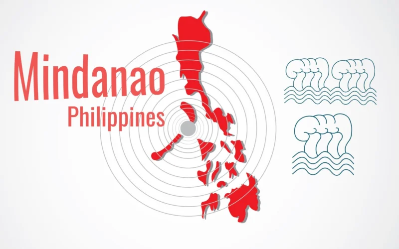 Red map of Mindanao Philippines with concentric radar rings Mindanao Philippines text on the left and blue wave icons on the right