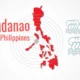 Red map of Mindanao Philippines with concentric radar rings Mindanao Philippines text on the left and blue wave icons on the right