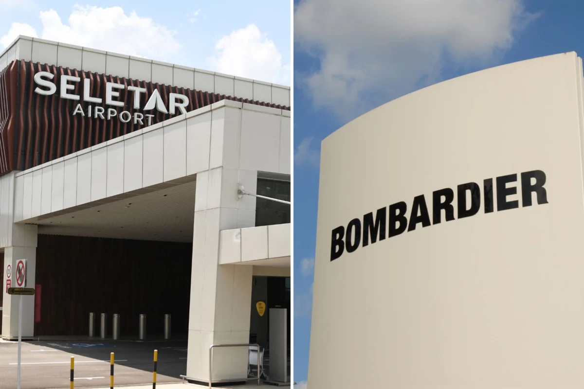 Bombardier expands Singapore footprint with new facility Collage of airport exterior left side shows a modern terminal entrance with large letters spelling AIRPORT against brown slats right side shows a curved beige wall with bold black letters reading BOMBARDIER against a blue sky