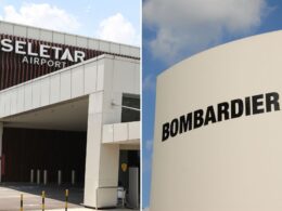 Collage of airport exterior left side shows a modern terminal entrance with large letters spelling AIRPORT against brown slats right side shows a curved beige wall with bold black letters reading BOMBARDIER against a blue sky