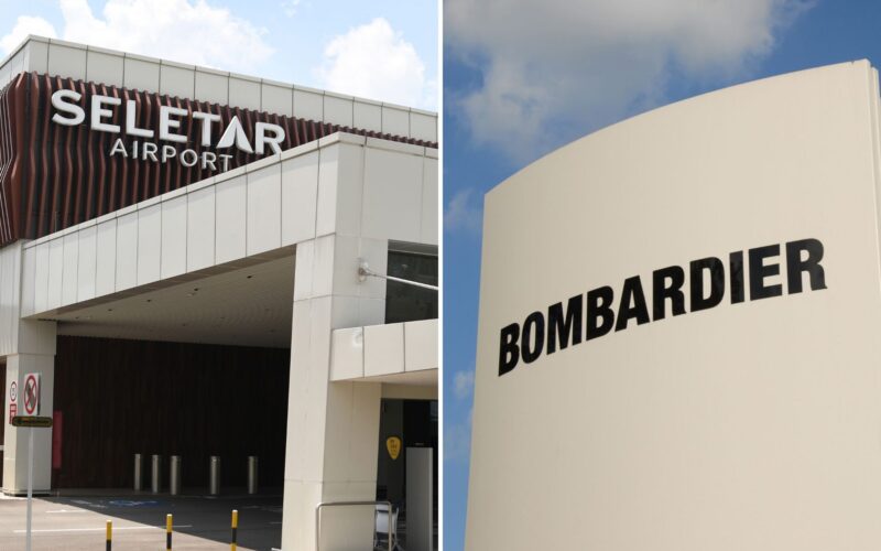 Bombardier expands Singapore footprint with new facility Collage of airport exterior left side shows a modern terminal entrance with large letters spelling AIRPORT against brown slats right side shows a curved beige wall with bold black letters reading BOMBARDIER against a blue sky