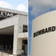 Collage of airport exterior left side shows a modern terminal entrance with large letters spelling AIRPORT against brown slats right side shows a curved beige wall with bold black letters reading BOMBARDIER against a blue sky