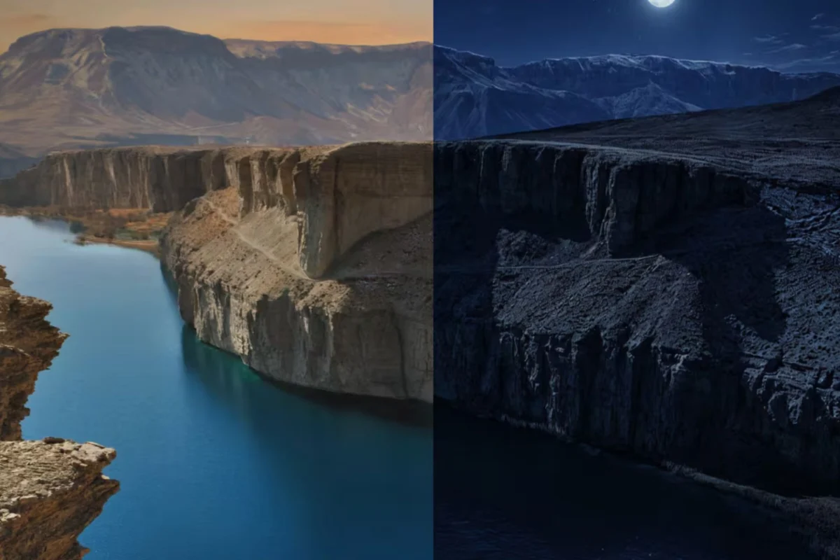 Etihad increases Abu Dhabi Kabul service to twice daily Split image showing a canyon with a turquoise river at daytime on the left and a moonlit dark canyon on the right for night