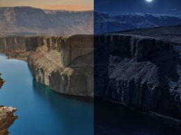 Split image showing a canyon with a turquoise river at daytime on the left and a moonlit dark canyon on the right for night