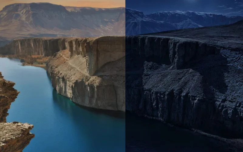 Split image showing a canyon with a turquoise river at daytime on the left and a moonlit dark canyon on the right for night