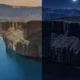 Split image showing a canyon with a turquoise river at daytime on the left and a moonlit dark canyon on the right for night