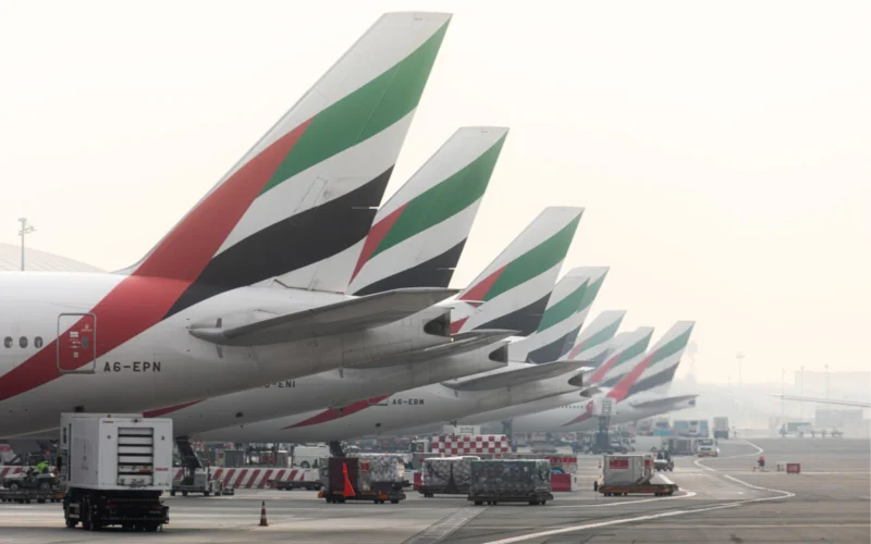 Row of Emirates airplanes parked at the gate showing their distinctive green red white and black tail designs