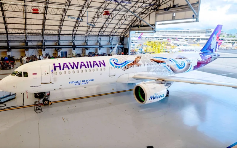 Airplane in a hangar with Moana themed livery and the word HAWAIIAN on the fuselage