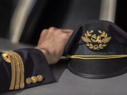 Pilots hand rests on a dark captains hat with gold embroidery and braid detail on a table