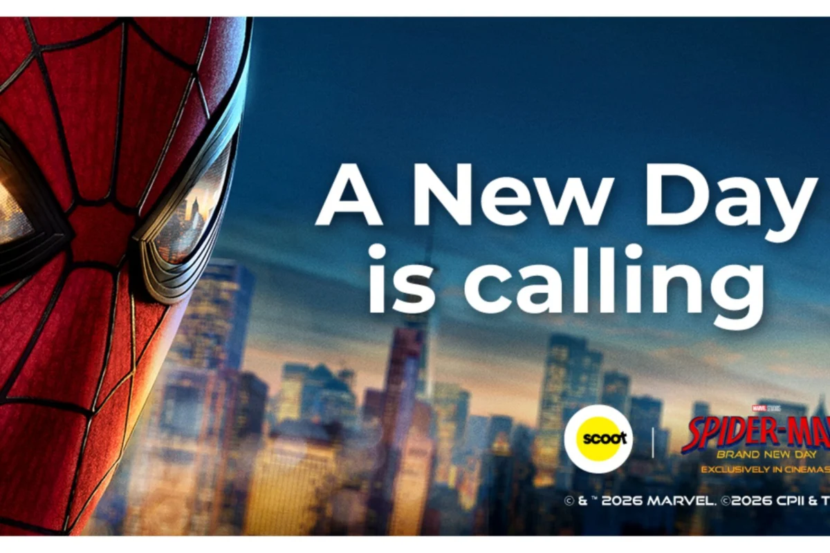 Scoot launches Spider Man collaboration on A321neo and B787 Spider Man close up on the left with a city skyline and bold white text reading A New Day is calling on a blue backdrop