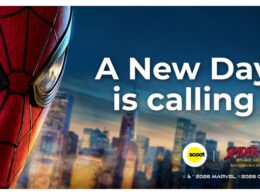 Spider Man close up on the left with a city skyline and bold white text reading A New Day is calling on a blue backdrop