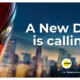 Spider Man close up on the left with a city skyline and bold white text reading A New Day is calling on a blue backdrop