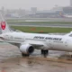 Front half of a Japan Airlines plane on a wet tarmac with a red JAL tail logo and airport buildings in the rainy background