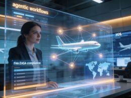 Woman in a suit examines a holographic display of an airplane with global network nodes and FAAEASA compliance text