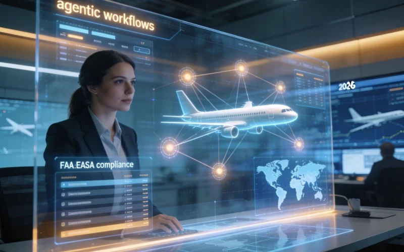 Woman in a suit examines a holographic display of an airplane with global network nodes and FAAEASA compliance text