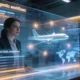 Woman in a suit examines a holographic display of an airplane with global network nodes and FAAEASA compliance text