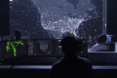 Dark operations room with several monitors displaying a world map of dotted connections a large wall screen shows a dense constellation of white points behind the analysts highlighting monitoring activity