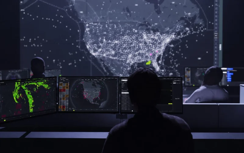 Dark operations room with several monitors displaying a world map of dotted connections a large wall screen shows a dense constellation of white points behind the analysts highlighting monitoring activity