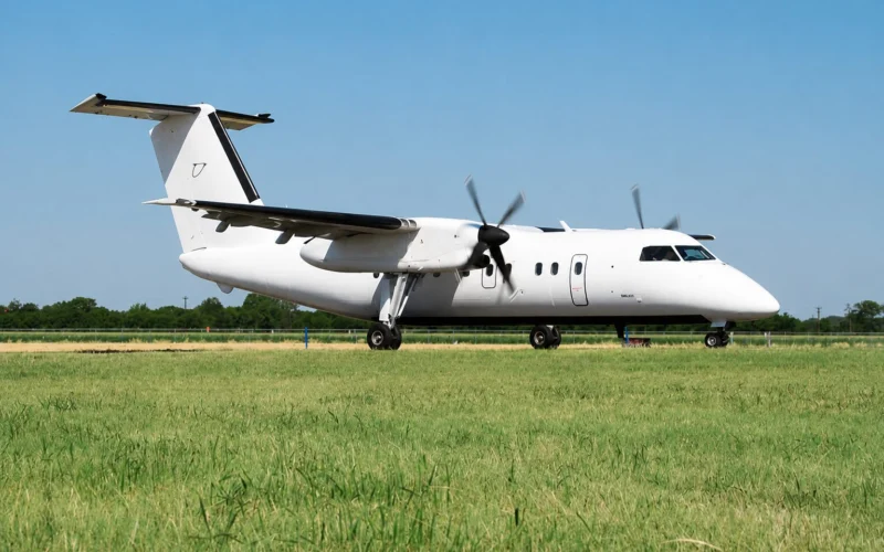 White twinengine turboprop passenger aircraft parked on a grassy airfield with a clear blue sky and a distant tree line