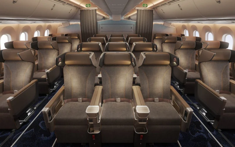 Interior of an airplane cabin with rows of brown leather seats armrests and windows along the sides