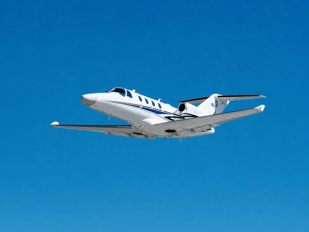 White private jet in flight against a clear blue sky