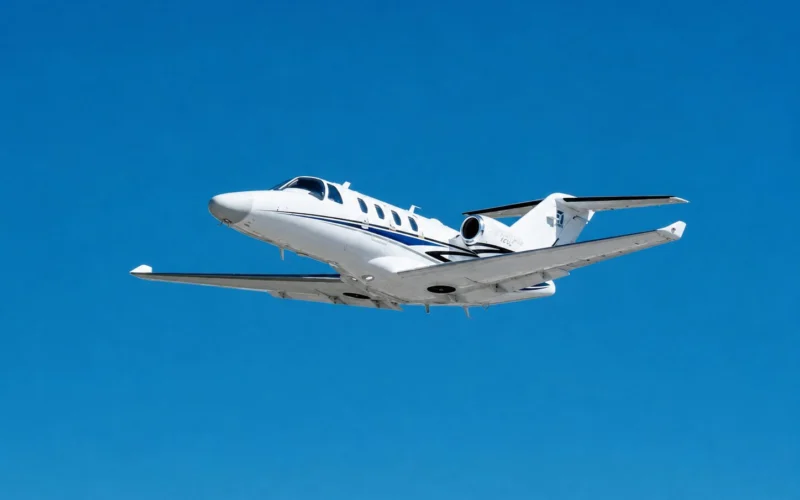 White private jet in flight against a clear blue sky
