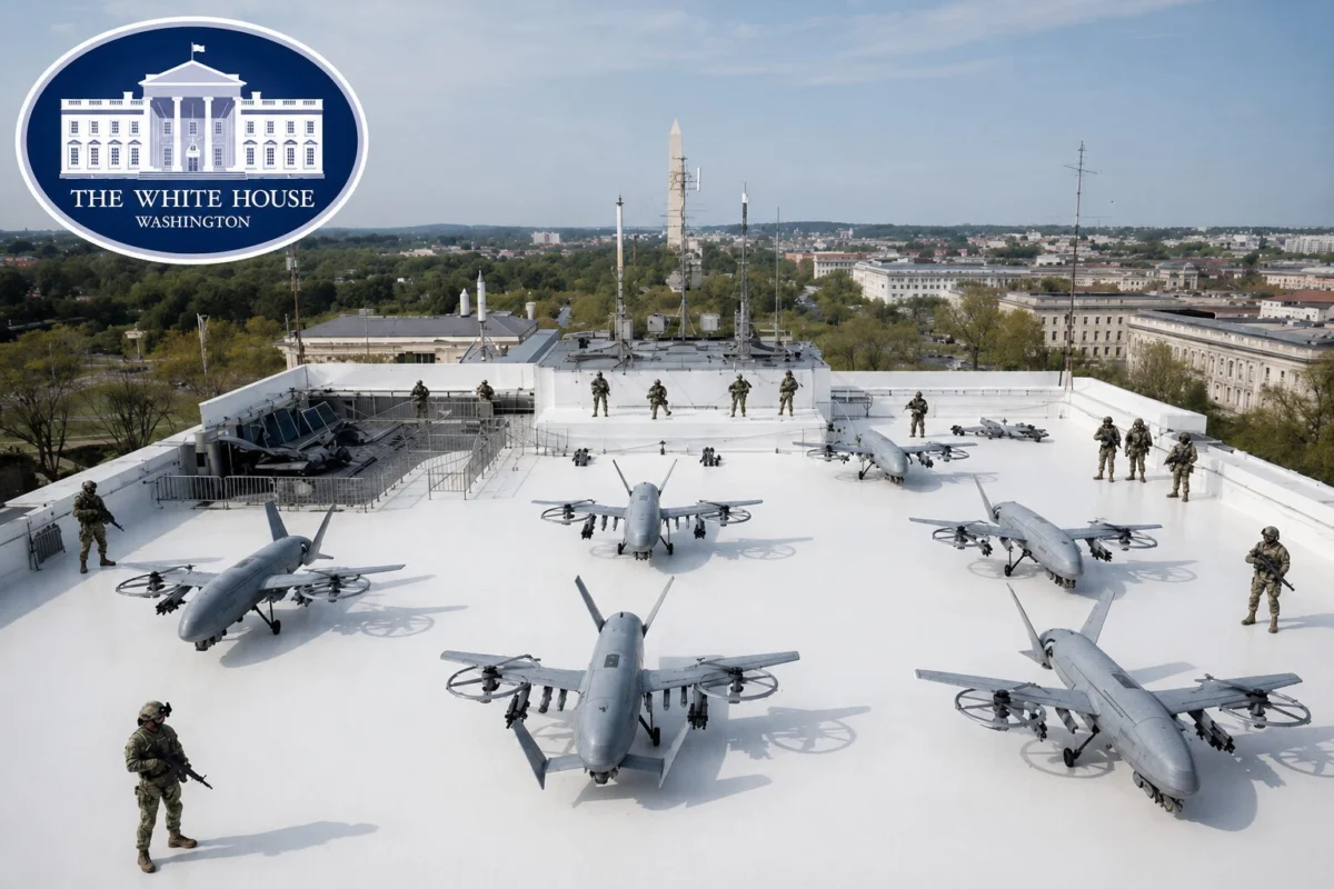 drone port White House rooftop scene with soldiers guarding several gray drones and a city skyline in the background logo in top left corner