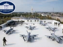 White House rooftop scene with soldiers guarding several gray drones and a city skyline in the background logo in top left corner