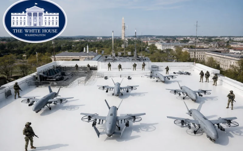 White House rooftop scene with soldiers guarding several gray drones and a city skyline in the background logo in top left corner