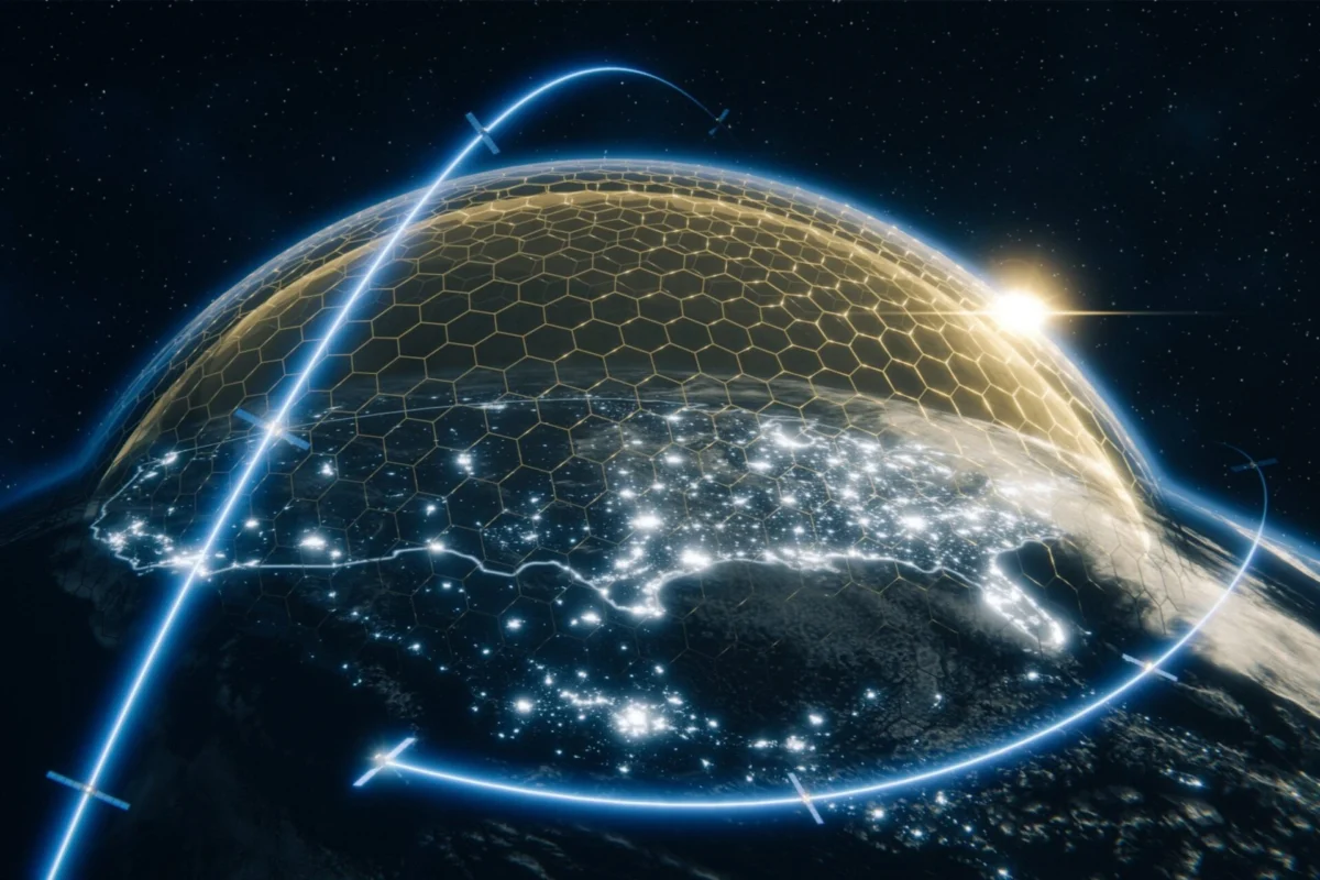 Planet encased in a glowing hexagonal energy shield with blue orbital lines against a starry space backdrop