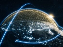 Planet encased in a glowing hexagonal energy shield with blue orbital lines against a starry space backdrop