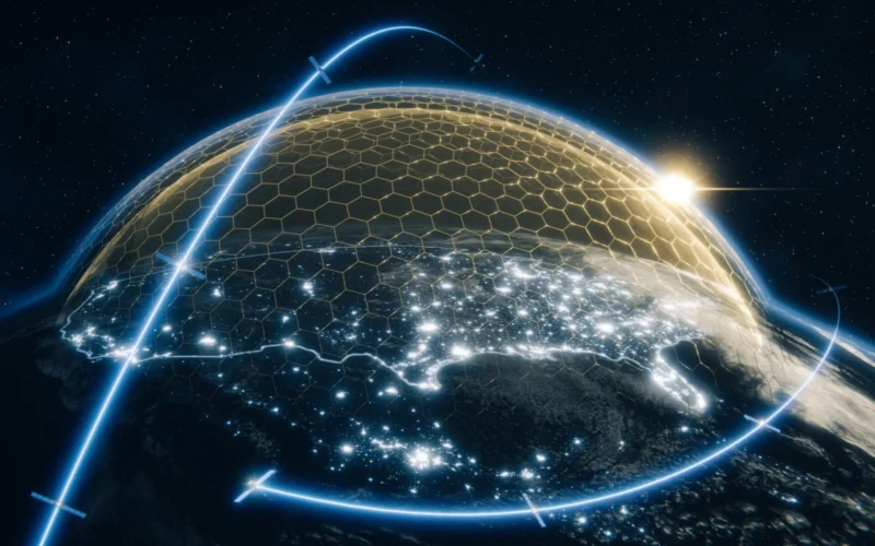 Planet encased in a glowing hexagonal energy shield with blue orbital lines against a starry space backdrop