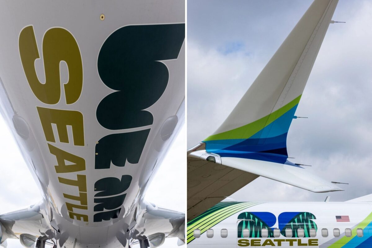 image Split image of two airplanes left shows the underside of an Alaska Airlines fuselage with large gold lettering right shows a tailfin with bright blue green and teal stripes against a cloudy sky