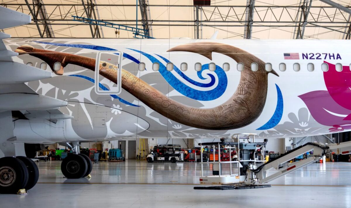 image Passenger jet inside a maintenance hangar with vibrant decorative artwork along the fuselage including a brown curling horn and blue swirls plus the registration N227HA