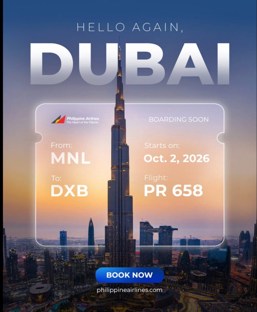 Promotional Dubai flight ad text DUBAI over skyline at sunset with booking details and BOOK NOW button Philippine Airlines logo visible