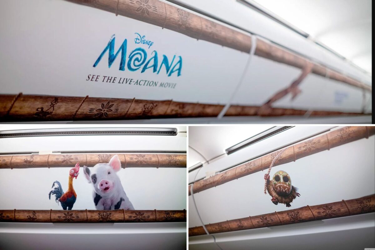 image Collage of Moana themed cabin decorations logo on a white wall wooden carved poles and Moana characters Pua and Heihei