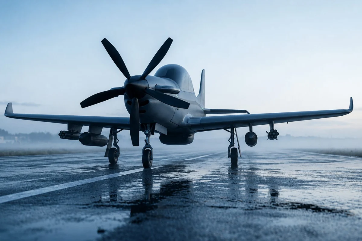 pulse1932 Front view of a propeller driven military aircraft on a wet runway