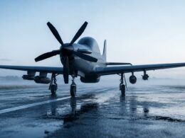 Front view of a propeller driven military aircraft on a wet runway
