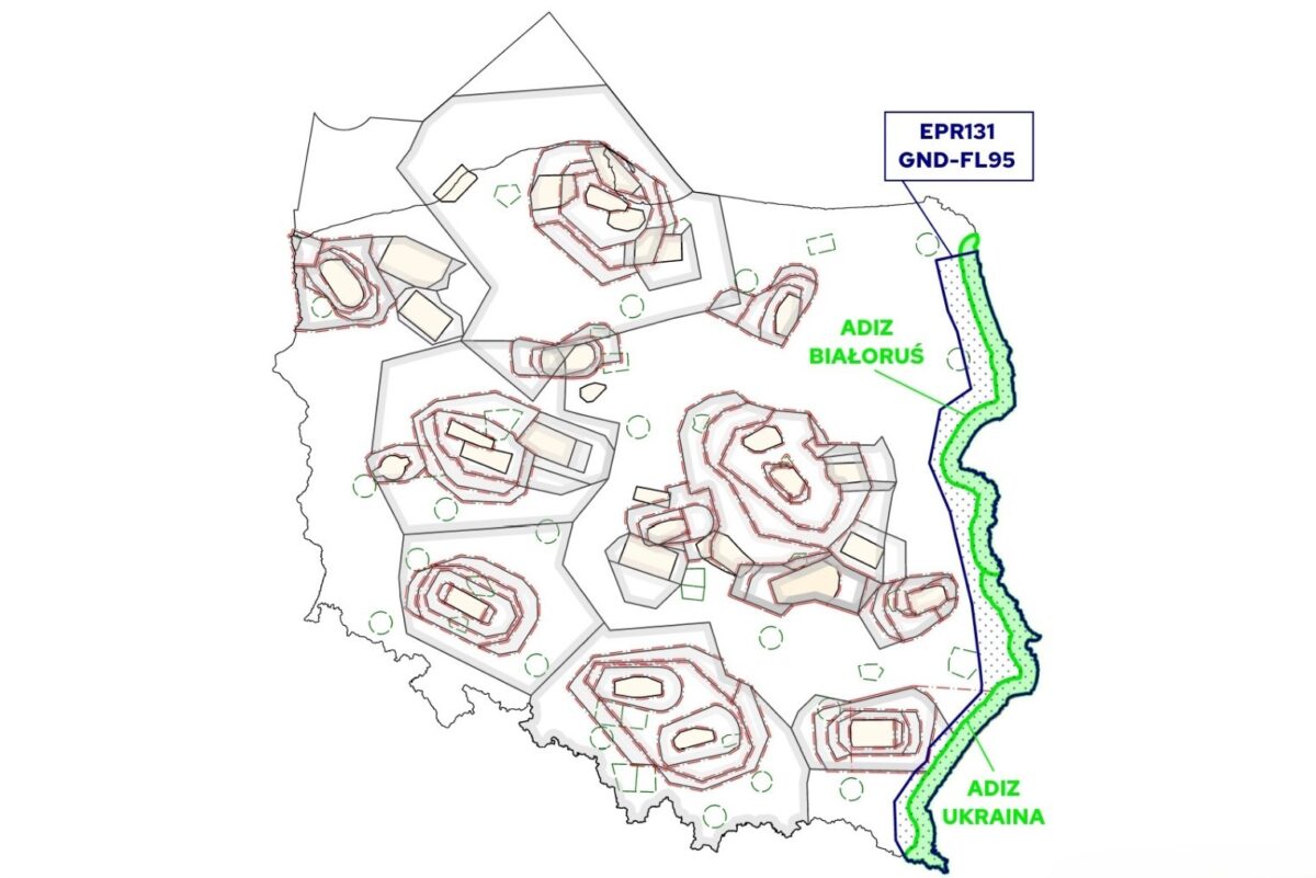 strefa EP R131 www 1 Geometric map of a border area showing red contour blocks green labels and a blue green boundary labeled ADIZ Ukraine along the coast