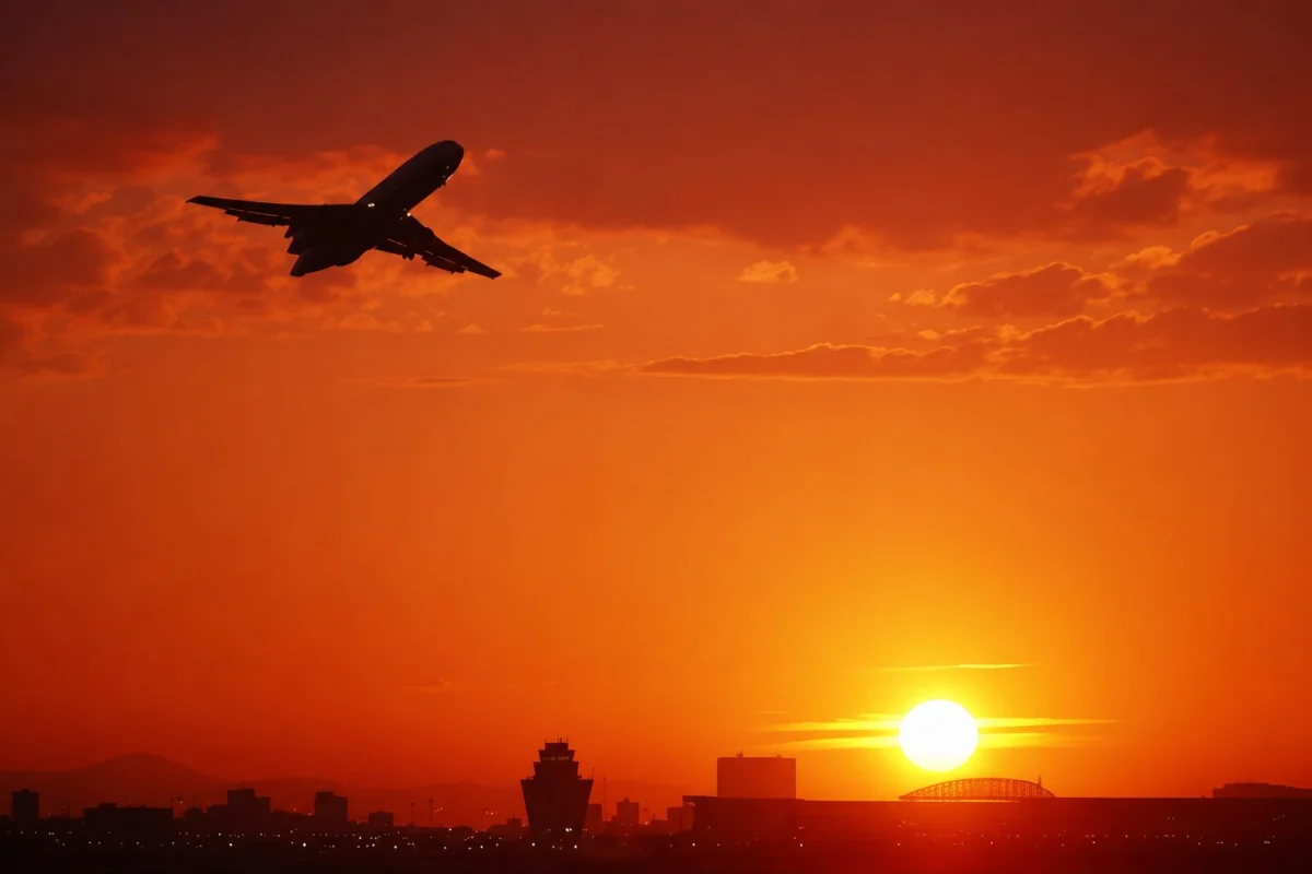sun32 Airplane silhouette flying left to right over a city skyline at a fiery orange sunset