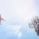 5G post and plane on sky background